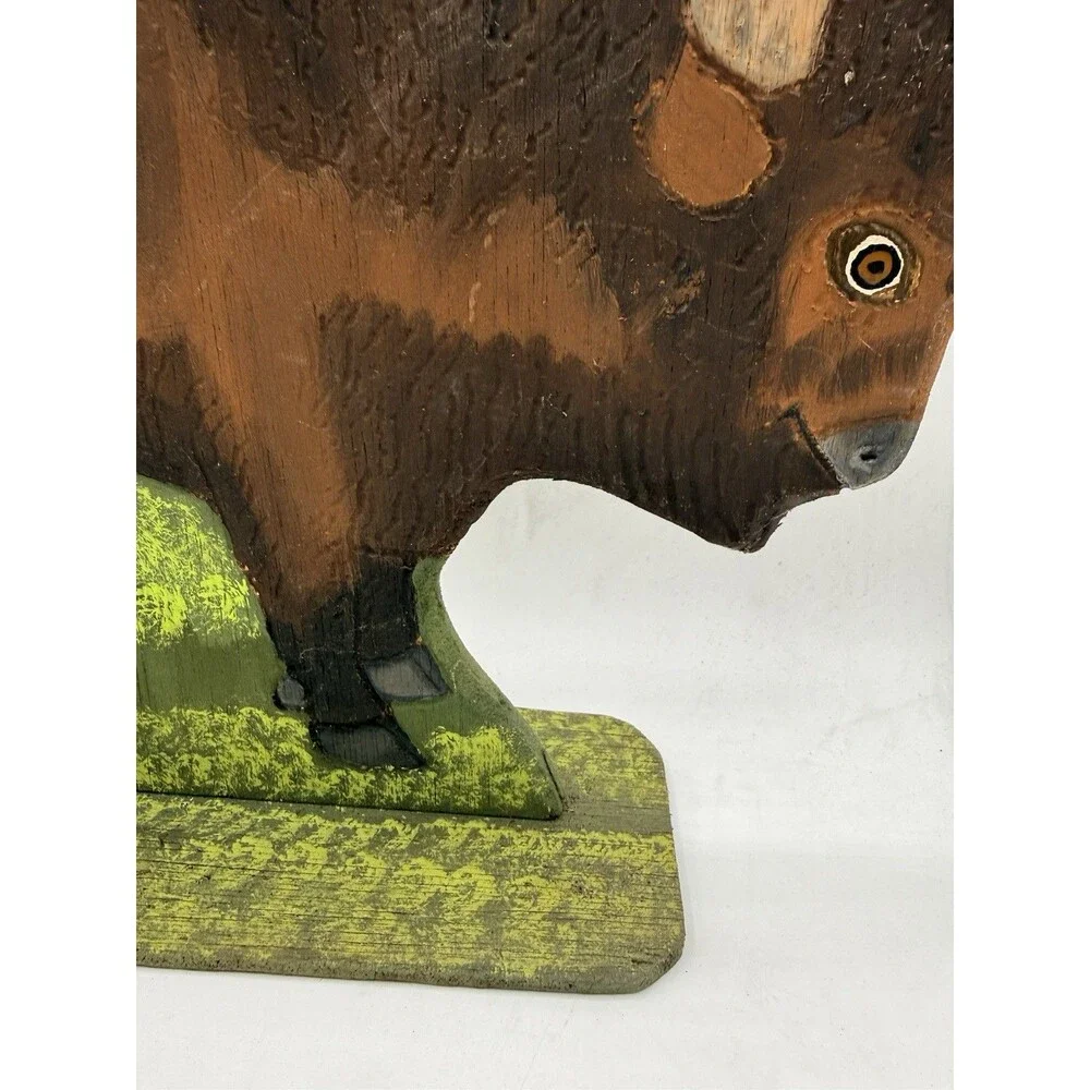 VTG 1988 Menno Shirk Folk Art Wood Carved Wild Buffalo 9” Signed Base Carving